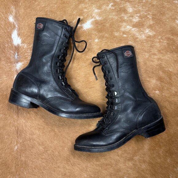 Vintage Harley Davidson Women's Combat Boots Size 8.5 – Black Biker Moto - Picture 1 of 8